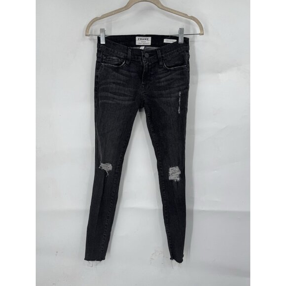 Frame Le Skinny de Jeanne Black Distressed Noir Low Rise Skinny Denim Jeans 24 - Picture 1 of 8